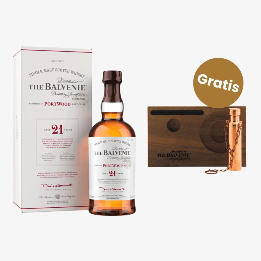 The Balvenie 21 Portwood Finish Geschenkset mit Copper Dog und Display Tray 40% Vol. 0,7l in Geschenkbox